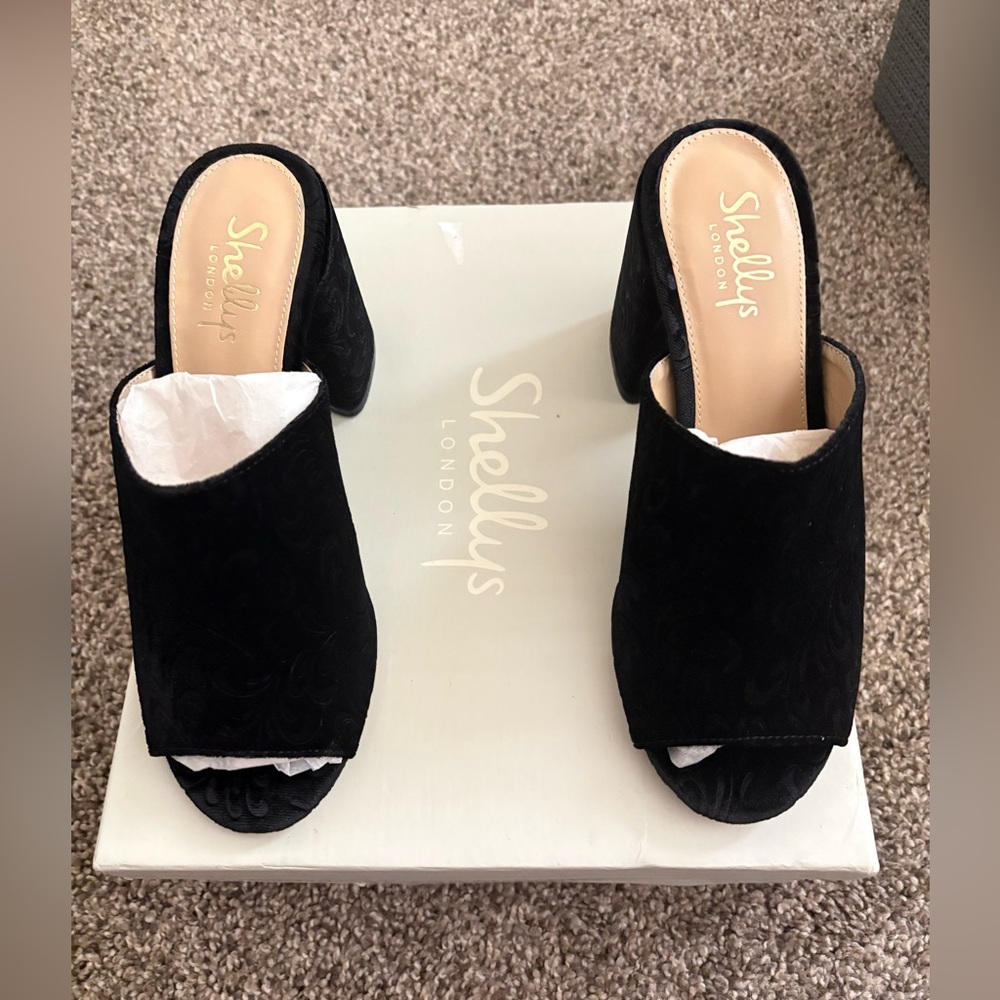 Shellys London Dalia Black 6.5 Embossed Design Velvet Chunky Heel Open Toe Mules